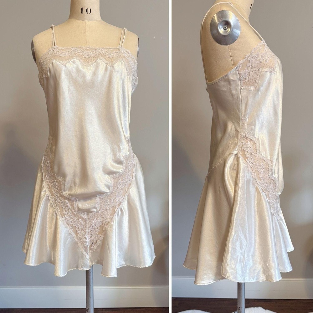 Vintage Ivory Satin Slip Dress Lace Trim Bias Cut Mini Lingerie Old Hollywood